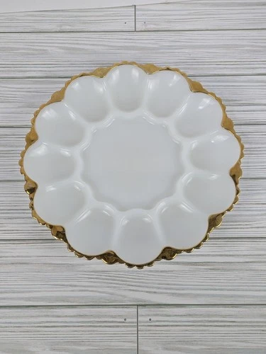 Vintage Anchor Hocking Fire King Gold Trim Milk Glass Deviled Egg Serving Plate