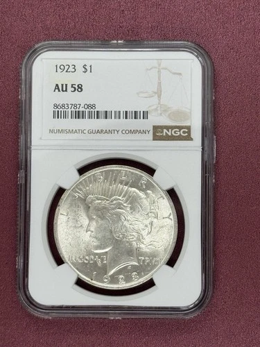 1923 Silver Dollar Peace Coin 90% Silver NGC AU 58