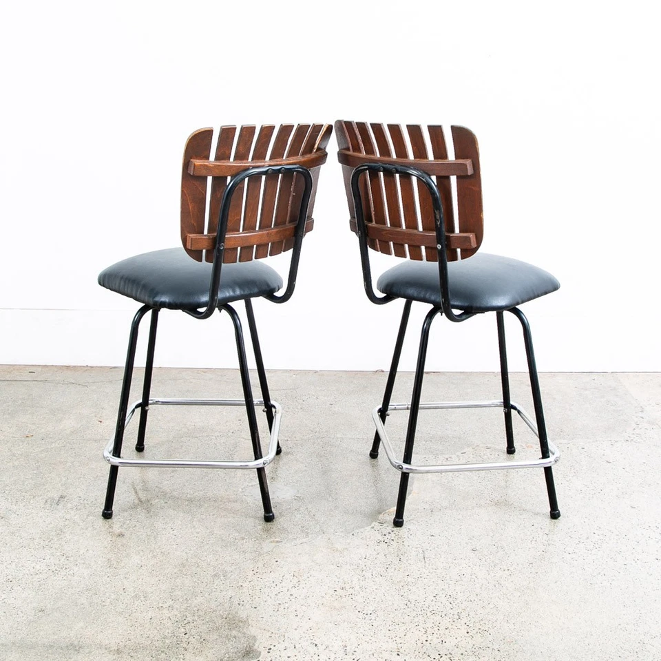 Juego de 2 taburetes de bar modernos Mid Century madera giratoria negra vintage americana Umanoff Foto 4 de 4