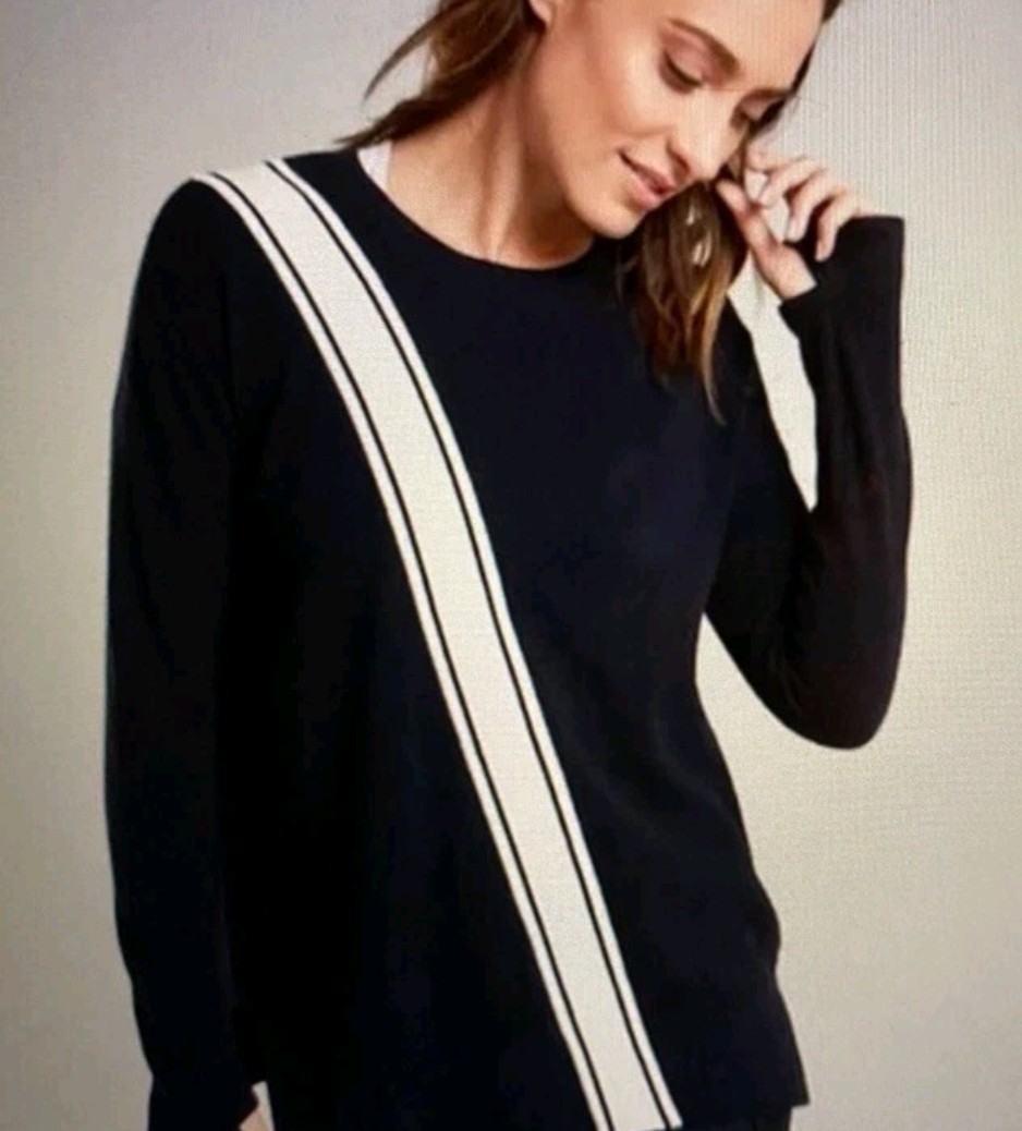 Athleta Streetwise Med Navy White Sweater Relaxed Thumbholes Cotton Crew Neck