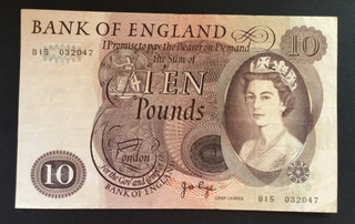 Banknote Of England Ten Pounds. JB. Page. B15. Very Good Circulated Condition.