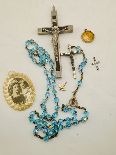 Vintage Catholic Religious Blue Rosary Mother Mary Charm Crucifix Italy