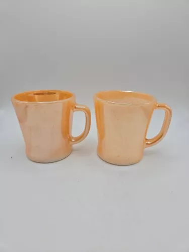 Vintage Fire King  Peach Luster Iridescent Coffee Mugs D Handle Set of 2