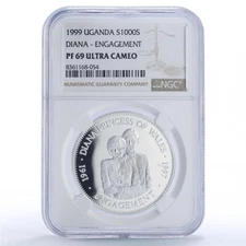 Uganda 1000 shillings Princess Diana Charles Engagement PF69 NGC Ag coin 1999