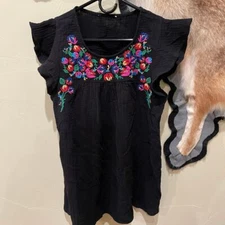 Boutique Embroidered Gauzy Flutter Sleeve Top Black Pink Boho Pretty Summer