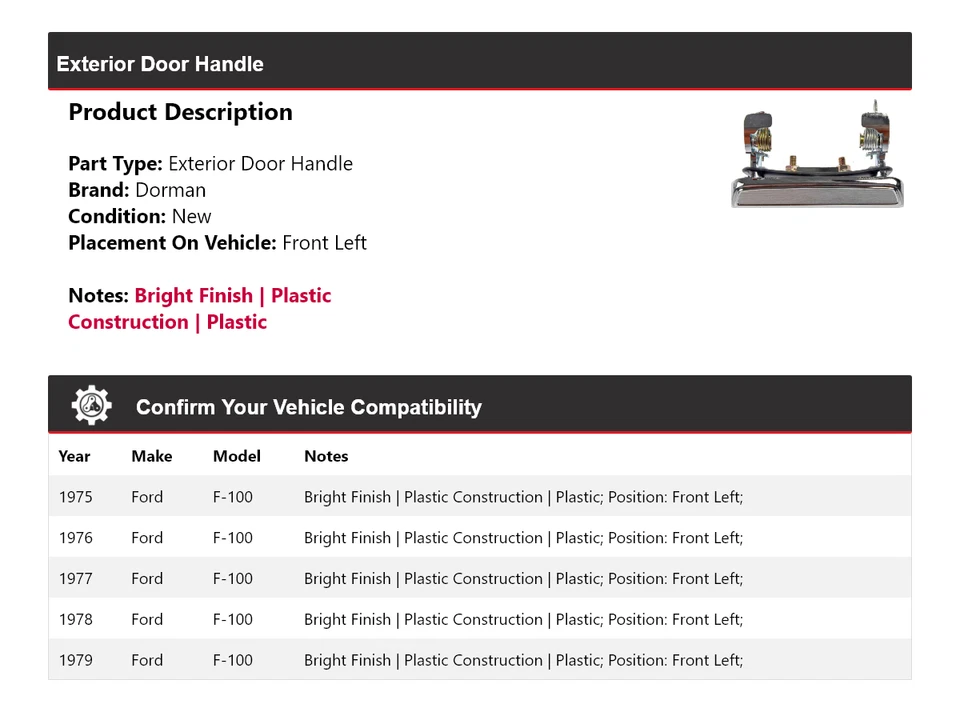 Para 1975-1979 Ford F-100 Dorman maçaneta externa dianteira esquerda 1976 1977 1978 - Imagem 2 de 4