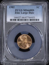 1982 1c Lincoln Memorial Cent PCGS MS 66 RD | Zinc Large Date