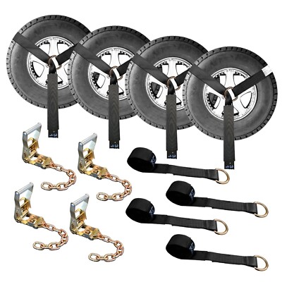 4 Set 2'' x 10' Ratchet Wheel Lift Lasso Strap w/ Chain Extension For Towing