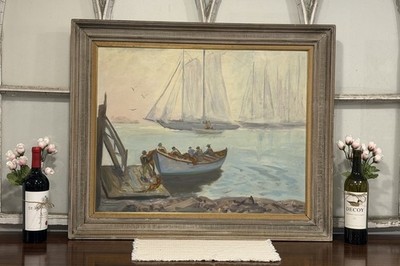 Late 20thC Oil Painting On Board O/B FISHERMEN IN THE HARBOR Signed ED TIBBETTS