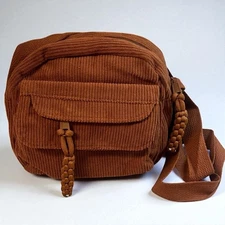 Rust Brown Corduroy Crossbody Bag with Front Pocket & Braided Strap – New