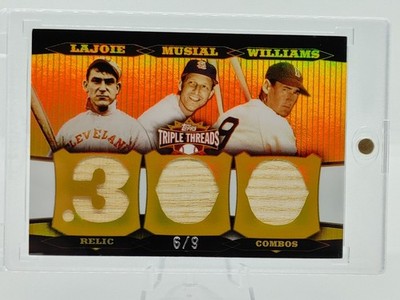 2006 Topps Triple Threads GOLD Relic Combos Ted Williams, Musial, Nap Lajoie /9