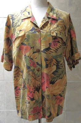 Joanie CHAR Retro Print sz 10  chest 44'' Leafy Floral 100% Silk Button Front Top