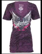 ARCHAIC by AFFLICTION Purple BIG LOVE Sinful Womens Short Sleeve T-shirt NWT