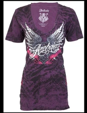 ARCHAIC by AFFLICTION Purple BIG LOVE Sinful Womens Short Sleeve T-shirt NWT