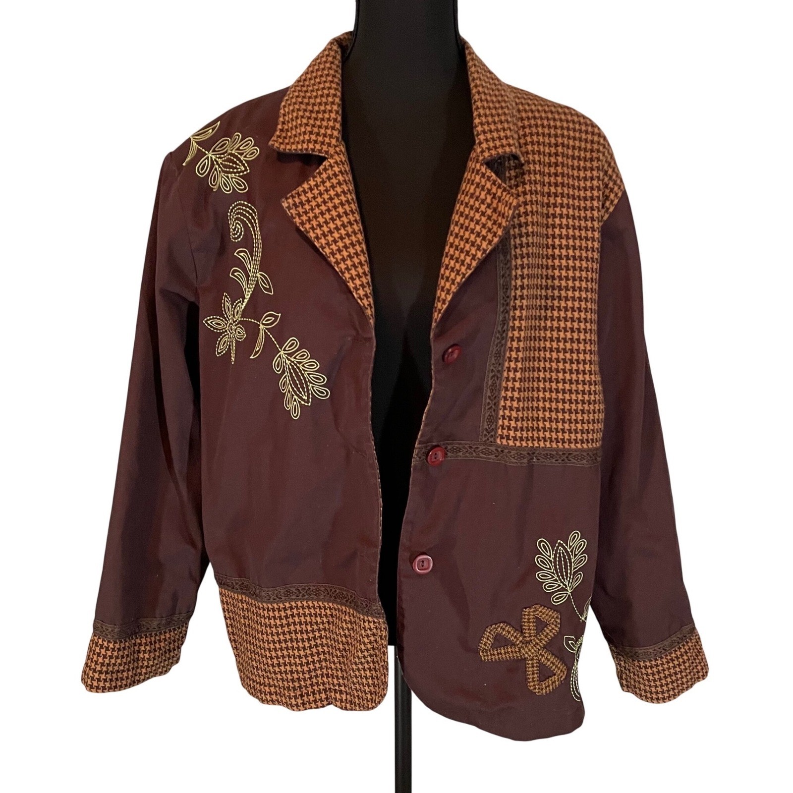 Bechamel Brown Houndstooth Patchwork Embroidered … - image 2