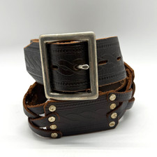 Hollywood Trading Co HTC Brown Leather Belt Studded Tooled Silver Buckle Size 34