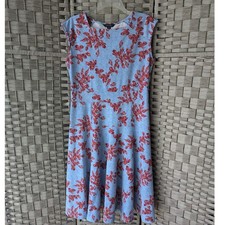 Lands End Fit and Flare Dress Blue Red Floral Print Sz 10-12 Modest Cottagecore