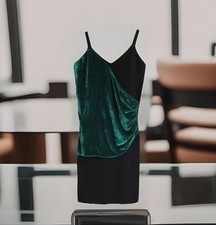 NEW NEXT  Size S (8-10 UK) Black Green Velvet Mix Dress V Neck Ruched Bodycon