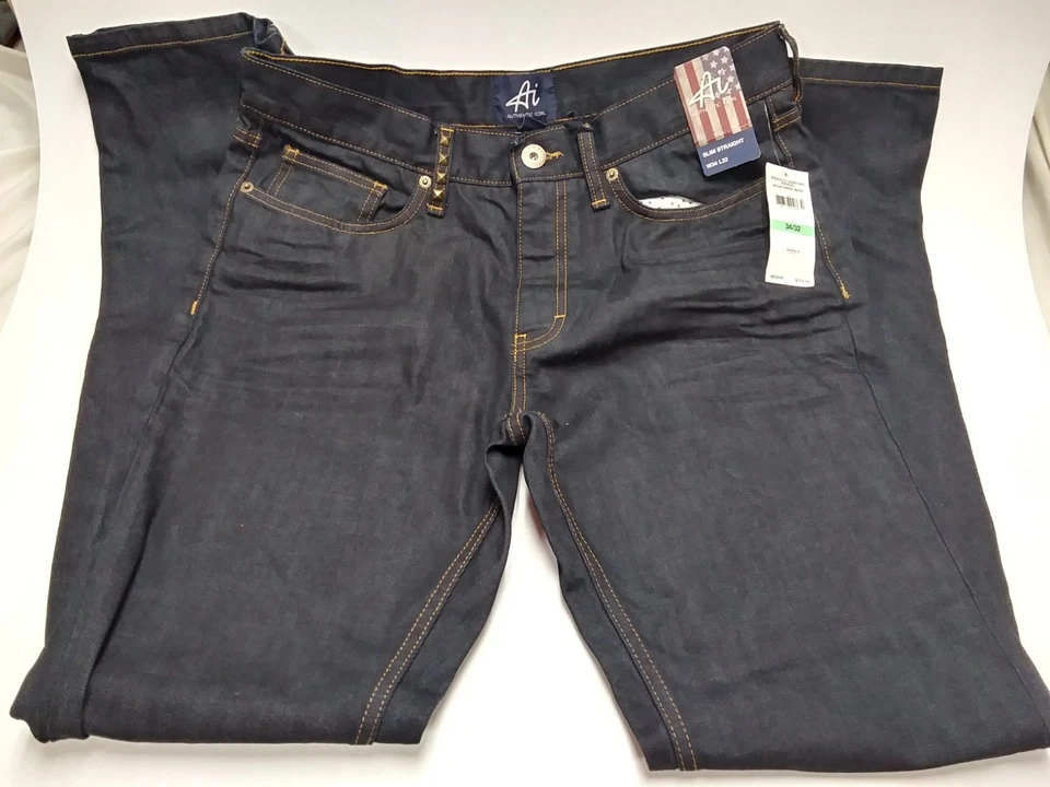 Ai/Authentic Icon: Jeans de enjuague/lavado de resina índigo para hombre con costuras doradas en la parte superior Foto 3 de 4
