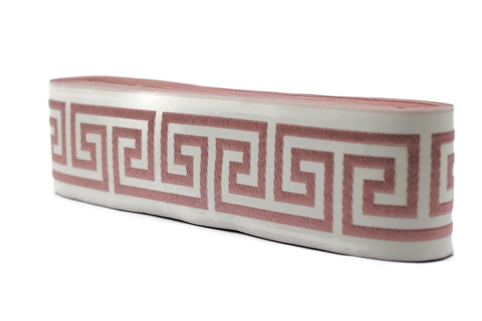 16 yardas de largo 2,67 pulgadas de ancho rosa y beige llave griega ribete jacquard... Foto 3 de 4