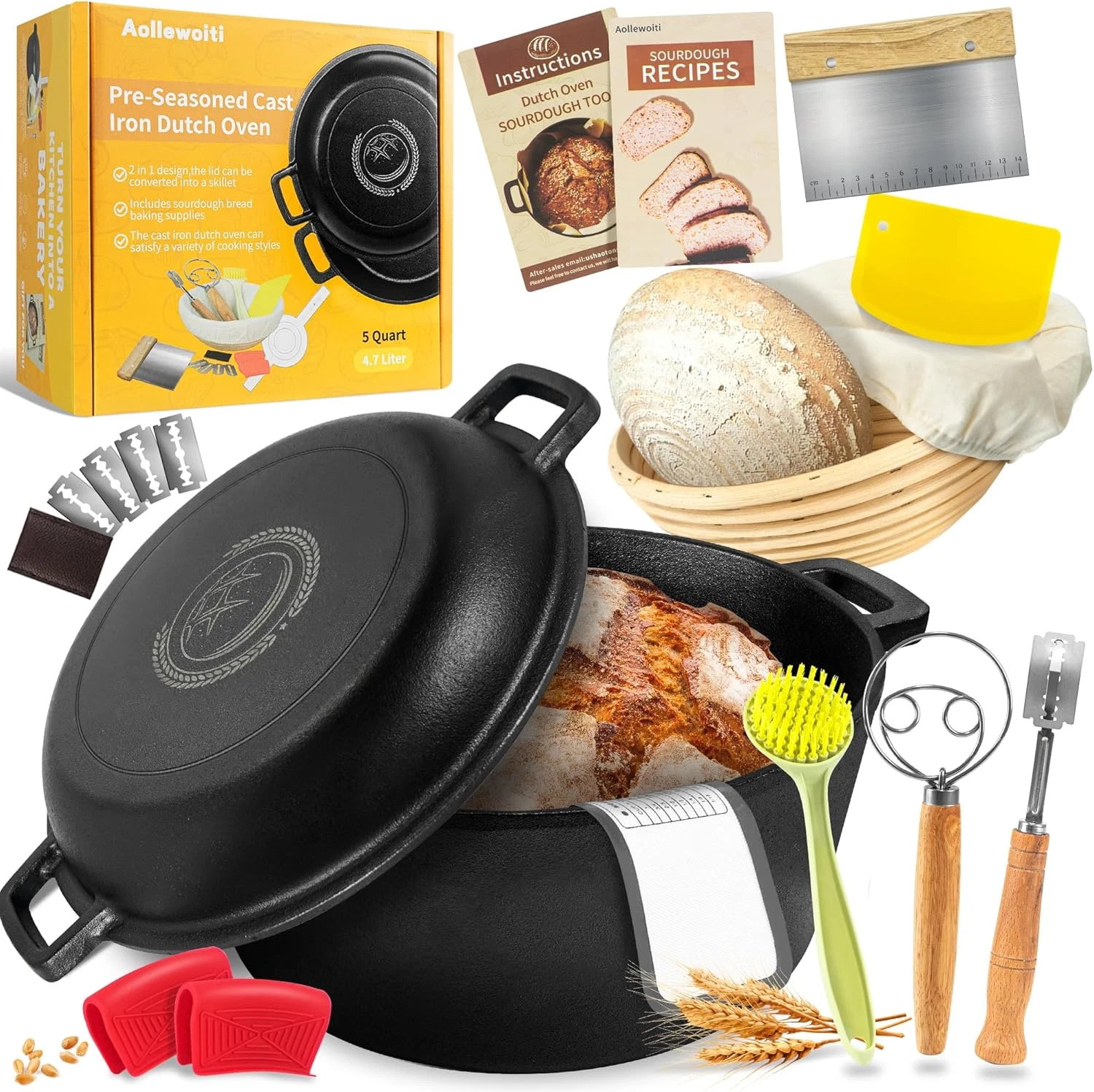 Pre-Seasoned Cast Iron Dutch Oven Pot With Skillet Lid 5 Qt Bread Includes New