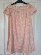 ATMOSPHERE PALE NUDE PINK WHITE STAR PRINT OFF SHOULDER BARDOT SUMMER DRESS - 10
