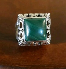 Sterling Silver SQUARE MALACHITE Ring, Size 8, BOLD BALINESE SETTING, 11.6 Grams