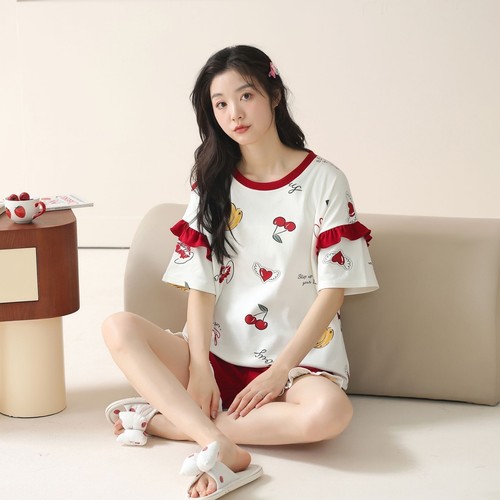 Women Cute Pajama Set Short Sleeve Crew Neck Shorts Summer Cartoon 2 Piece Pjs - Picture 90 of 92