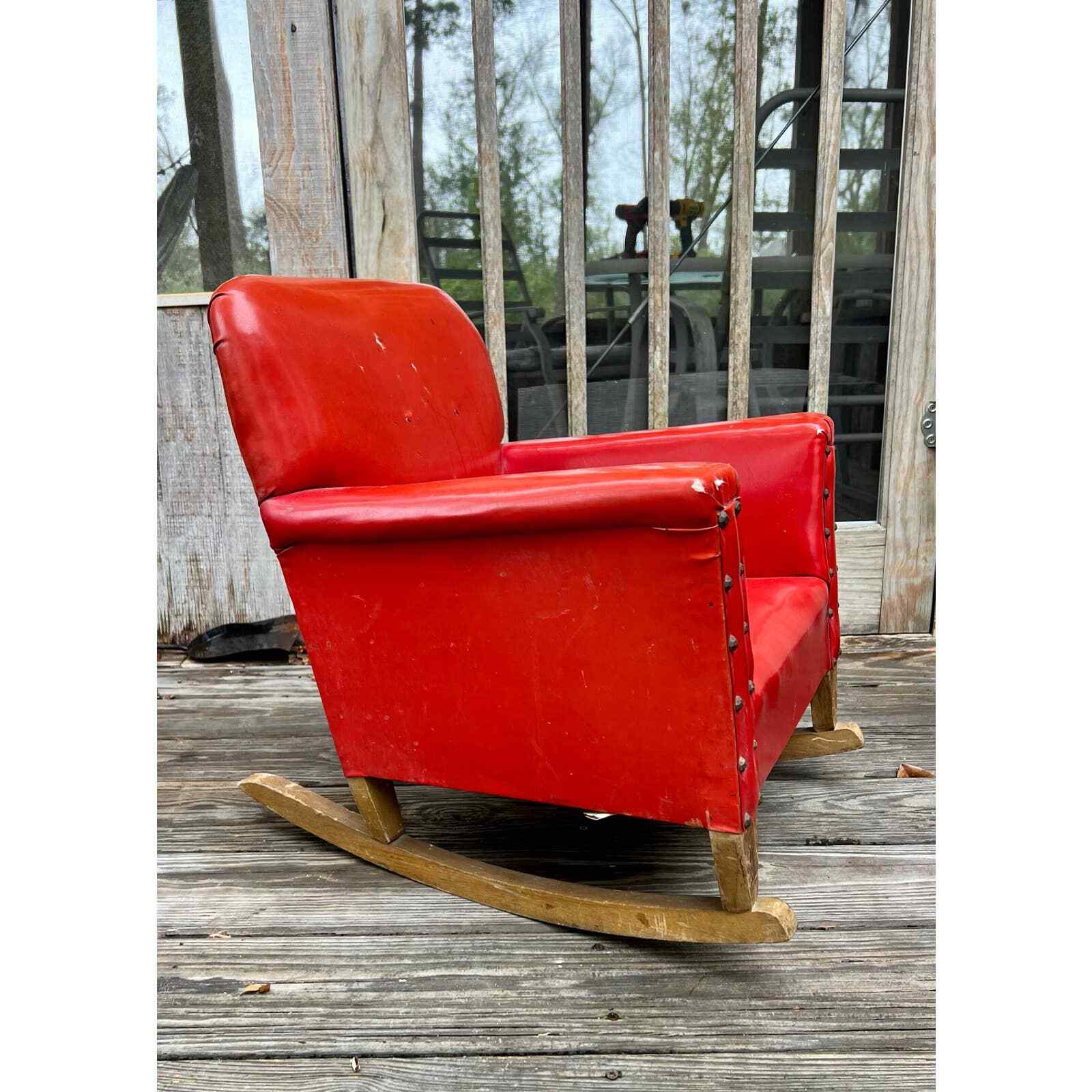 Vintage 1950's Childrens Rocking Chair Red Vinyl Wooden Leg Photography