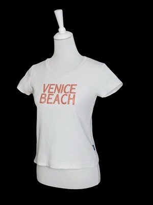 TOP! VENICE BEACH Damen Top / T-Shirt weiß - orange Aufdruck Glitzer Gr. M DE 38