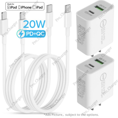 20W Fast Charger Block USB C Cable For iPhone 14 13 12 11 Pro Max XS XR X 8 iPad