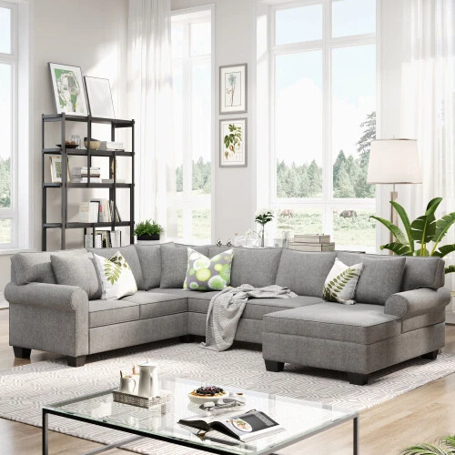 Chenille Sectional Sofa Upholstered Rolled Arm Sofa 3 Pillows