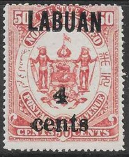 LABUAN SG136 1904 4c ON 50c MAROON MTD MINT (r)