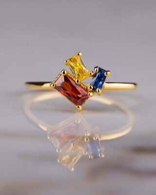 2Ct Emerald Cut Lab Created Red Garnet Women Ring 14K Yellow Gold Plated Silver