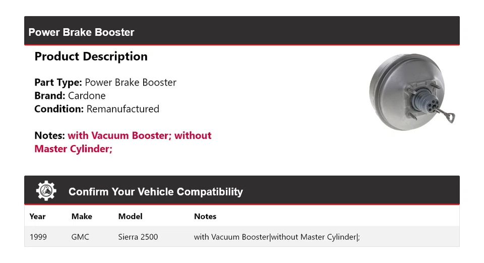 Para 1999 GMC Sierra 2500 Power Brake Booster Cardone - Imagem 2 de 4