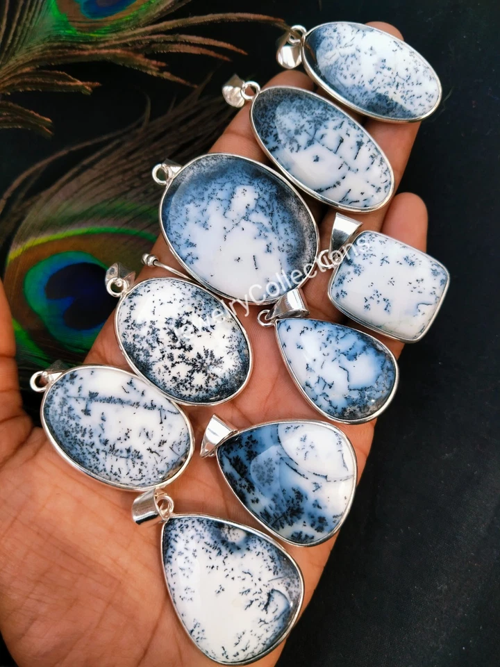 Colgantes de ópalo dendrita natural hechos a mano bisel colgante mujer joyería B121 Foto 2 de 4