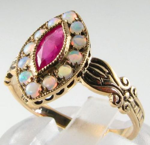 9CT 9K GOLD MARQUISE RUBY OPAL ART DECO INS CLUSTER HALO RING FREE RESIZE - Picture 4 of 5