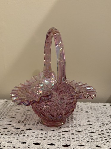 Fenton Pink Carnival Glass Basket Ruffled Edge Diamond Pattern Iridescent Signed