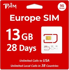 Europe SIM Card with USA Coverage | 13GB Data + Unlimited Local Calls in 38 Coun