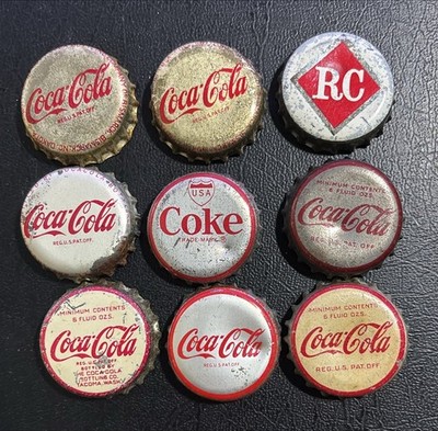 Lot of 9  COCA COLA COKE  Vintage Cork Back Bottle Caps WA. , CA., ND,