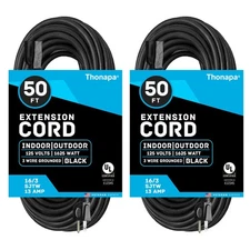 Thonapa 50 Ft Black Extension Cord, 2 Pack - 16/3 Electrical Cable