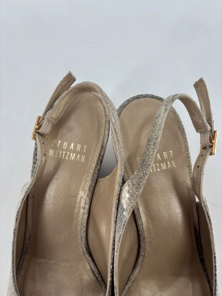 Stuart Weitzman Dayna Cork Wedges Womens 5.5 Beige Snake Print Peep Toe Buckle - Image 3 of 4