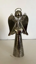 Silver Angel Bell Christmas Ornament with heart, Etched metal. HF-16