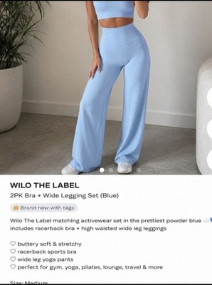 WILO matching activewear set coquette  blue bra top + high waisted yoga pant 
