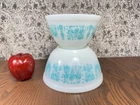 Vintage Pyrex Blue Amish Butterprint Bowls 402 401 NICE MCM Kitchen Milk Glass