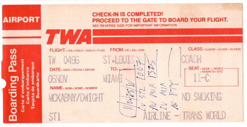 TWA Airlines Boarding Pass w/Traveler Notes VINTAGE Memorabilia November 6 1985