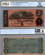 $5 1864 Confederate States of America T-69 PCGS 50 AU
