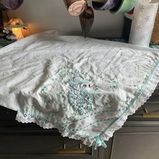 Vintage Crib Bassinet Flat Sheet Embroidered Blue Duck Eyelet Lace A36