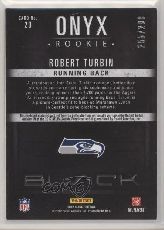 2012 Panini Black Onyx Rookie Materials /299 Robert Turbin #29 RC - Image 2 of 2