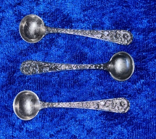 Three Vintage S. Kirk & Son Repousse Sterling Silver Salt Spoons